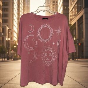 Celestial Moon/Stars Short Sleeve Tee Shein Peach Oversized Relaxed 2XL Plus